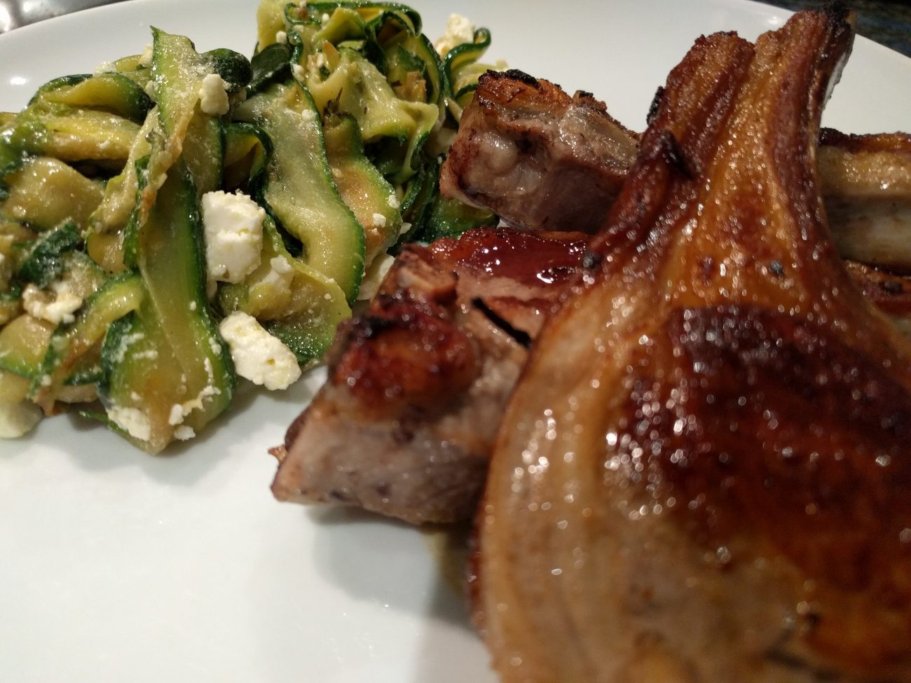 Barbecued lamb with Zucchini, mint and feta salad