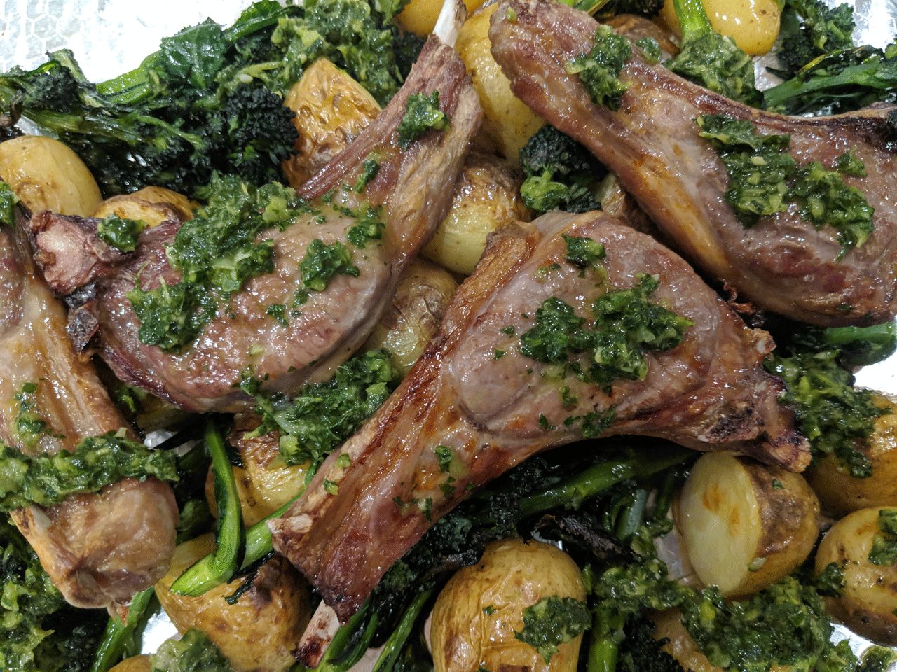 BBQ Lamb Chops With Chimichurri Sauce, Broccoli And New Potatoes